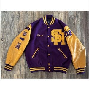 2002 Holloway Letterman Jacket Womens Lg Purple Mustard Eagles Speech Band Cheer